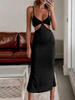 Robe Longue Femme Moulante avec Bretelles à Col Décolleté en V Coupe Cintrée avec Dos Nu Unicolore Robe Sexy