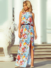 Robe Longue Femme sans Manches à Col Rond Coupe Cintrée Fente Latérale Imprimé avec Les Fleurs Robe Longue