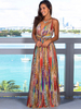 Robe Longue Femme Sans Manches à Col V Coupe Cintrée à Lacets Imprimé Les Fleurs Bas Evasée Robe Longue