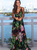 Robe Longue Femme Sans Manches à Col V Coupe Cintrée Elastique Imprimé Les Fleurs Bas Evasée Robe Longue