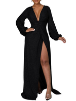 Robe Longue Femme Sexy à Col Décolleté en V avec Manches Longues Amples Coupe Cintrée avec Fente Unicolore Robe Sexy