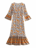 Robe Longue Femmes Imprimé les Fleurs à Col V avec Manches Mi-longues Volantes Bas Evasée Robe Longue