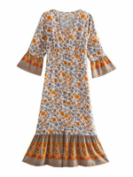 Robe Longue Femmes Imprimé les Fleurs à Col V avec Manches Mi-longues Volantes Bas Evasée Robe Longue