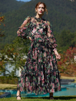 Robe Longue Fleurie Manches Longues Chic Volants Superposés Printemps