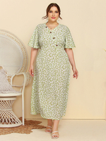 Robe longue grande taille à col en V et demi-manches Boutons Motif imprimé floral Robe longue dété