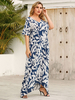Robe longue grande taille à imprimé floral bleu profond à col en V à manches courtes Robe dété décontractée