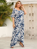 Robe longue grande taille à imprimé floral bleu profond à col en V à manches courtes Robe dété décontractée
