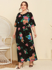Robe longue grande taille à motif floral noir imprimé bijou col demi-manches à lacets robe longue dété nouée