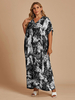 Robe longue grande taille Col en V Manches courtes Imprimé floral Poches Polyester Robe longue noire