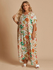 Robe longue grande taille Col en V Manches courtes Imprimé floral Poches Polyester Robe longue orange