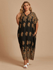 Robe longue grande taille Col en V Manches courtes Imprimé floral Poches Polyester Robe longue surdimensionnée noire