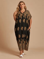 Robe longue grande taille Col en V Manches courtes Imprimé floral Poches Polyester Robe longue surdimensionnée noire