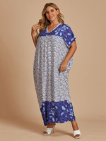 Robe longue grande taille Col en V Manches courtes Poches à imprimé floral Robe longue surdimensionnée en polyester