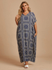 Robe longue grande taille col en V manches courtes polyester marine longue robe