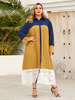 Robe longue grande taille col rabattu manches longues en dentelle bicolore boutons en polyester robe longue