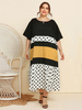 Robe longue grande taille noire col bijou manches courtes motif à pois longueur au sol dété robe longue