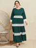 Robe longue grande taille verte col bijou manches longues motif à rayures robe longue en dentelle
