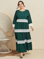 Robe longue grande taille verte col bijou manches longues motif à rayures robe longue en dentelle