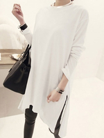Robe longue gris clair à manches longues et col bijou en coton pour femme