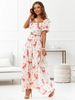 Robe Longue Imprimé à Col Carré avec Manches Courtes Amples Coupe Cintrée Bas Evasée