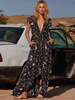 Robe Longue Imprimé à Col Décolleté en V avec Manches Courtes Coupe Cintrée avec Poches Robe Maxi Femme