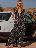 Robe Longue Imprimé à Col Décolleté en V avec Manches Courtes Coupe Cintrée avec Poches Robe Maxi Femme