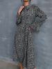 Robe Longue Imprimé à Col Revers avec Manches Longues Amples Coupe Cintrée Bas Evasée Bicolores