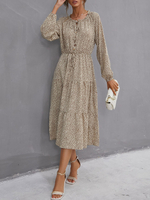Robe Longue Imprimé à Col Rond avec Manches Longues Bas Evasée Bicolores Robe Femme