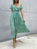 Robe Longue Imprimé à Col V avec Manches Courtes Coupe Cintrée Bas Evasée Bicolores