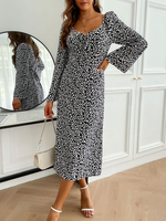 Robe Longue Imprimé à Col V avec Manches Longues Bicolores Robe Femme