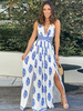 Robe Longue Imprimé avec Bretelles à Col Décolleté en V Coupe Cintrée Bas Evasée Bicolores avec Fente Robe Eté Robe de Plage Robe Maxi