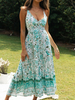 Robe Longue Imprimé avec Bretelles à Col Décolleté en V Coupe Cintrée Bas Evasée Bicolores Robe Eté Robe de Plage