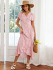 Robe Longue Imprimé avec Manches Courtes à Col V Coupe Cintrée Bas Evasée Robe Maxi
