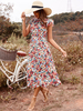 Robe Longue Imprimé avec Manches Courtes Coupe Cintrée Bas Evasée Robe Maxi