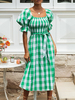 Robe Longue Imprimé Carreaux Femme à Col Carré avec Manches Courtes Amples Coupe Cintrée Bas Evasée Bicolores Robe Femme