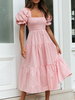 Robe Longue Imprimé Carreaux Femme à Col Carré avec Manches Courtes Amples Coupe Cintrée Bas Evasée Bicolores Robe Femme