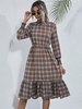 Robe Longue Imprimé Carreaux Femme à Col Montant avec Manches Longues Amples Coupe Cintrée Bas Evasée Bicolores Robe Eté Robe de Patineuse