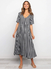 Robe Longue Imprimé Carreaux Femme à Col V avec Manches Courtes Bas Evasée Bicolores Robe Droite Robe de Plage