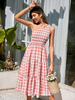 Robe Longue Imprimé Carreaux Femme avec Bretelle avec Epaule Dénudée Coupe Cintrée Bas Evasée Bicolores