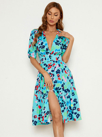 Robe Longue Imprimé en Mousseline à Col Décolleté en V avec Manches Courtes Amples Coupe Cintrée Bas Evasée Bicolores Robe Sexy