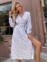 Robe Longue Imprimé en Mousseline à Col V avec Manches Longues Amples Coupe Cintrée à Lacets avec Fente Bicolores Robe Sexy