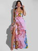 Robe Longue Imprimé en Mousseline avec Bretelles à Col Décolleté en V Coupe Cintrée avec Fente Multicolores Robe Eté Robe de Plage