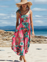 Robe Longue Imprimé en Mousseline avec Bretelles à Lacets à Carré Bas Evasée Robe Eté Sexy