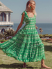 Robe Longue Imprimé en Mousseline avec Bretelles à Lacets à Col Carré Coupe Cintrée Bas Evasée Bicolores Robe Maxi Robe Eté