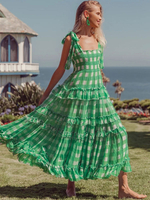 Robe Longue Imprimé en Mousseline avec Bretelles à Lacets à Col Carré Coupe Cintrée Bas Evasée Bicolores Robe Maxi Robe Eté