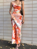 Robe Longue Imprimé en Satin avec Bretelles à Col Décolleté Coupe Cintrée Bicolores Robe Eté Robe Sexy