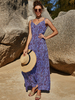 Robe Longue Imprimé Eté Femme avec Bretelles à Col V Coupe Cintrée Bas Evasée Bicolores Robe Eté Robe de Plage Sexy