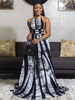 Robe Longue Imprimé Eté Femme Sexy avec Bretelles à Col Décolleté en V Coupe Cintrée à Lacets Bas Evasée Bicolores Robe de Plage Robe Maxi