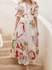 Robe Longue Imprimé Eté Femme Sexy avec Manches Mi-longues Amples à Col V Coupe Cintrée avec Boutons Bas Evasée Multicolores Robe de Plage Robe Maxi
