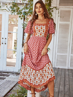 Robe Longue Imprimé Femme à Col Carré avec Manches Courtes Coupe Cintrée Bas Evasée Robe Maxi